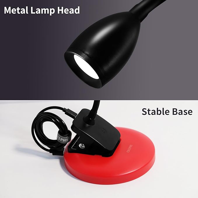 chiphy LED Desk Lamp with Clamp, Clip-on Book Reading Light, Rechargeable Portable Workbench Light with 5 Dimmable Brightness 4 Color Modes Touch Control for Home Office Desk Dorm - LeafyLoom