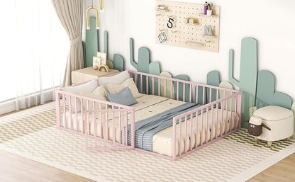 RITSU Queen Size Metal Floor Fence Bed, Montessori Bedframe, with Safety Guardrail and Door, for Children Bedroom, Boys Girls, Apartment, Strong & Durable, Easy to Assemble, Pink - LeafyLoom