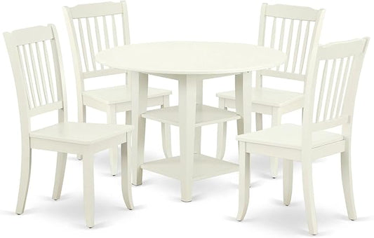 East West Furniture SUDA5-LWH-W 5 Piece Dining Room Furniture Set Includes a Round Kitchen Table with Dropleaf & Shelves and 4 Dining Chairs, 42x42 Inch, Linen White - LeafyLoom