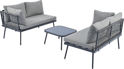 3-Piece Outdoor Furniture Set Rattan Sectional Sofa with Glass Table and Removable Cushions, All Weather PE Patio L-Shaped Couch Metal Frame, for Backyard, Poolside, Garden, Onesize, Gray - LeafyLoom