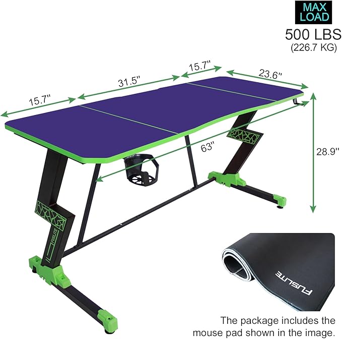 63 Inch Gaming Desk, with Carbon Fiber Surface, Lightning-Shaped PC Computer Table, with Headphone Holder, Cup Holder, Cable Management Box, Gaming Table for Gamer, Purple&Green - LeafyLoom