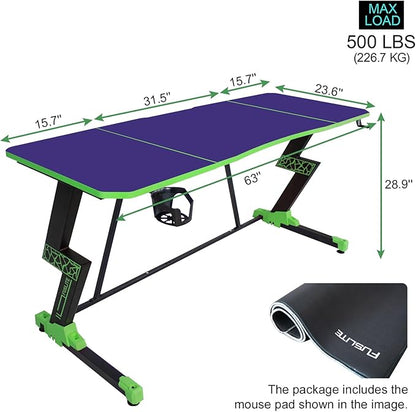 63 Inch Gaming Desk, with Carbon Fiber Surface, Lightning-Shaped PC Computer Table, with Headphone Holder, Cup Holder, Cable Management Box, Gaming Table for Gamer, Purple&Green - LeafyLoom