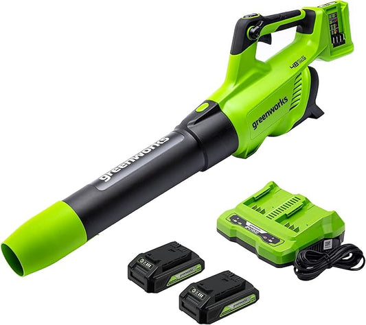 Greenworks 48V (2 x 24V) Cordless Axial Leaf Blower (125 MPH / 515 CFM / 125+ Compatible Tools), (2) 2.0Ah Batteries and Dual Port Charger Included - LeafyLoom