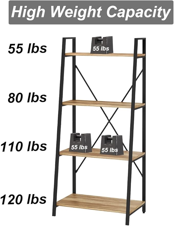 BON AUGURE Farmhouse Ladder Shelf Bookcase, 4 Tier Rustic Ladder Bookshelf, Standing Leaning Book Shelves for Living Room (Vintage Oak) - LeafyLoom