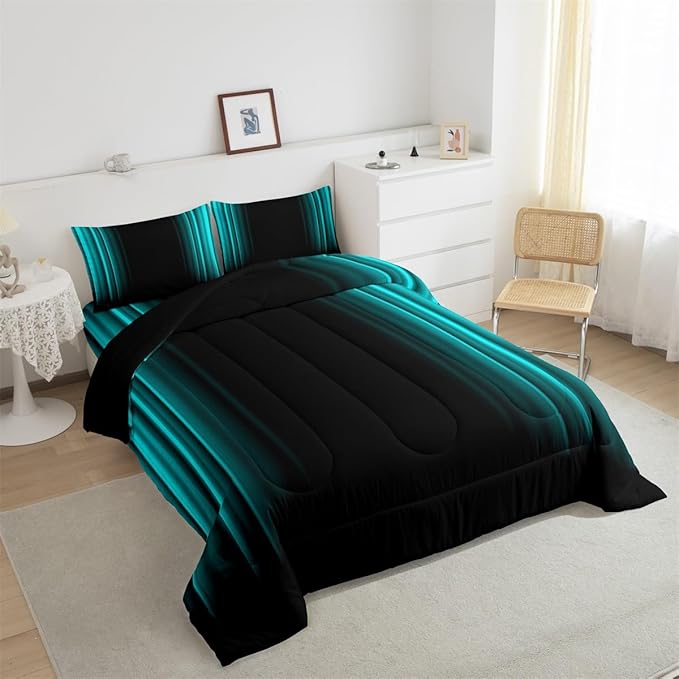 Geometric Abstract Ombre Comforter Set Kids Teens Teal and Black Striped Bedding Bed Set Decor Modern Fashion Comforter Inner Fill Bedroom Collection 3Pcs King Size - LeafyLoom