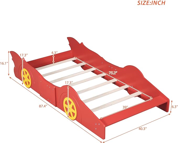 Car Shaped Toddler Bed with Wheels,Racecar Platform Beds W/Safety Guardrail,Slats Support,Stylish Design,Easy Assembly,Wood Twin Bedframe for Boys Toddlers Kids Teens Bedroom,Red - LeafyLoom