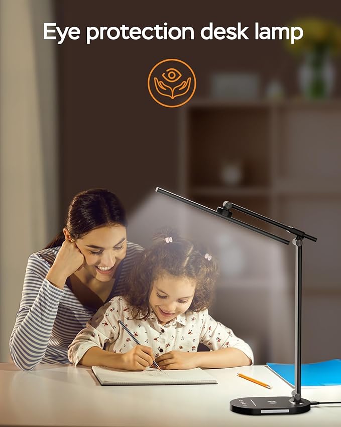 XREY LED Desk Lamp with Wireless Charger, USB Charging Port, Desk Lamp Touch Control Dimmable with 5 Color Modes & 5 Brightness, Eye Caring Desk Lamp, 2 Night Lights (Black) - LeafyLoom