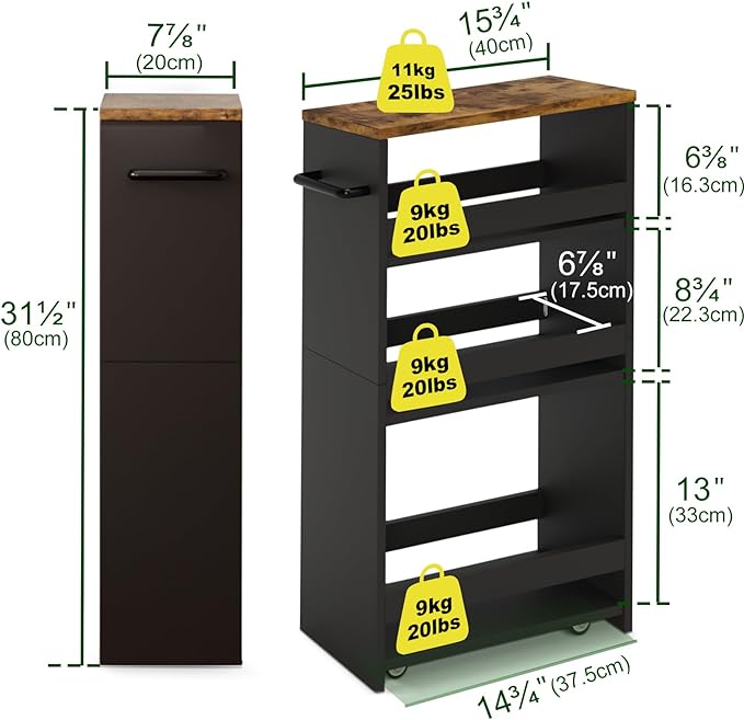 TEAMIX 4 Tier Slim Storage Cart with Handle, Slide Out Storage Rolling Utility Cart Mobile Shelving Unit Organizer Trolley for Small Spaces Kitchen Laundry Narrow Places (Black+Brown, 7-7/8'' W) - LeafyLoom