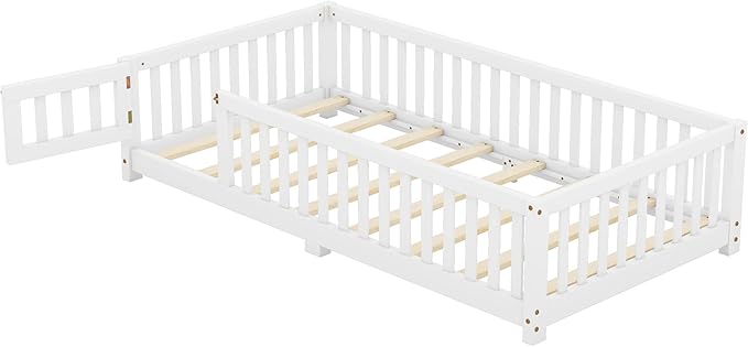 Multifunctional Twin Size Floor Bed with Safety Guardrails and Door, Removable Wood Slats, Montessori Beds Frame for Toddlers, Easy Assembly, for Boys and Girls Room, White - LeafyLoom