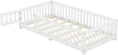 Multifunctional Twin Size Floor Bed with Safety Guardrails and Door, Removable Wood Slats, Montessori Beds Frame for Toddlers, Easy Assembly, for Boys and Girls Room, White - LeafyLoom