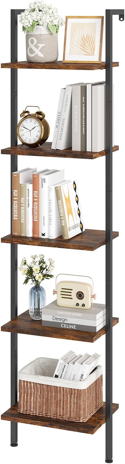 ELYKEN Ladder Shelf, 5-Tier Wood Wall Mounted Bookshelf with Metal Frame, Vintage Open Display Organizer Rack, Leaning Storage Shelves for Living Room, Bedroom, Home Office, Rustic Brown - LeafyLoom