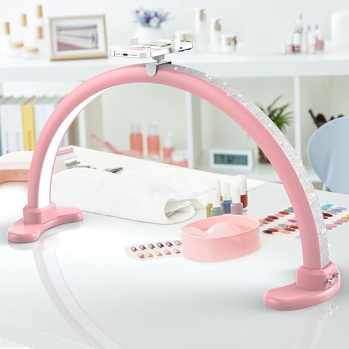 Large Super Bright Half Moon LED Light for Table Nail Desk, Professional Nail Lamp for Desk for Nail Techs with Phone Stand Perfect for Nails Tech Manicure - 45W (Pink) - LeafyLoom