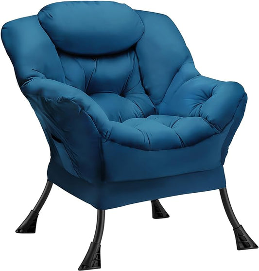 Fabric Lazy Chair Large Accent Chair,Velvet Frabic Modern Lounge Reading Chair with Armrests & Side Pocket,Upholstered Armchair for Living Room,Bedroom,Dorm,Blue - LeafyLoom