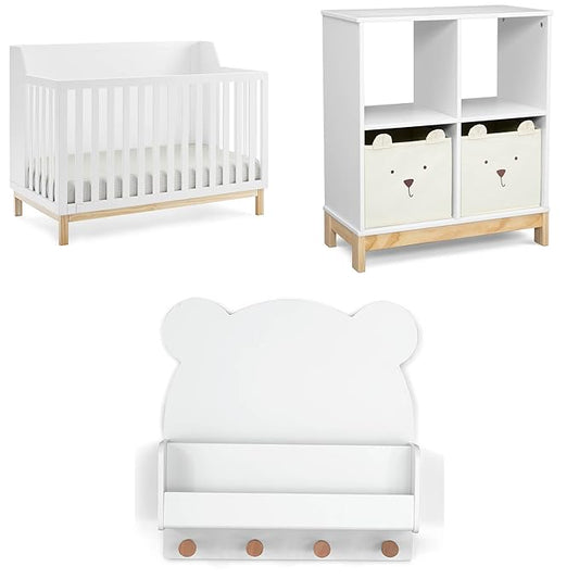 Delta Children babyGap Oxford 6-in-1 Convertible Crib + Brannan Bear Bookcase with Bins + Brannan Bear Wall Shelf with 4 Hooks, Bianca White/Natural (Bundle) - LeafyLoom