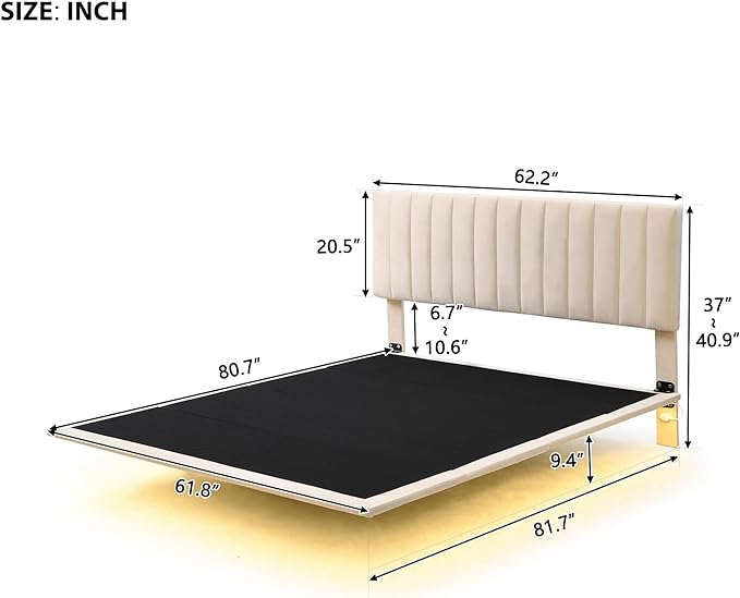 Queen Size Floating Sensor Light and Headboard, Velvet Platform Bed for Kids Girls Boys Teens Adults,No Box Spring Needed,Beige - LeafyLoom