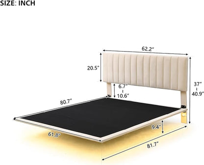 Queen Size Floating Sensor Light and Headboard, Velvet Platform Bed for Kids Girls Boys Teens Adults,No Box Spring Needed,Beige - LeafyLoom