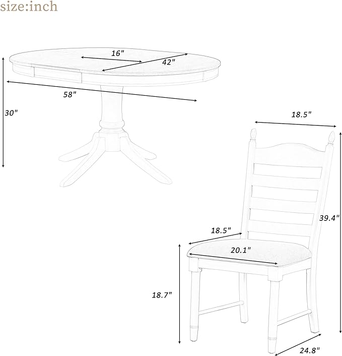 Dining Table Set for 4 Person, 5 Pieces Kitchen Table&Chairs Including Round Extendable Diningtable and Four Upholstered Chairs, Wood Grain Tabletop, Ladder Backrest, Solid Wood Rubber Legs - LeafyLoom