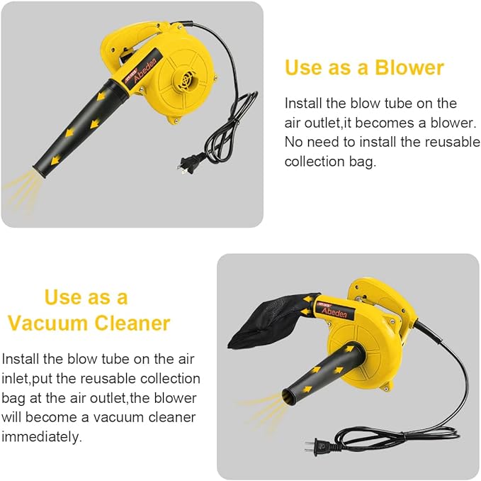 Corded Electric Leaf Blower,2 in 1 Small Handheld Lightweight Sweeper/Vacuum,110V 400W Portbale Blower for Leaf/Snow/Dust Blowing (Yellow) - LeafyLoom