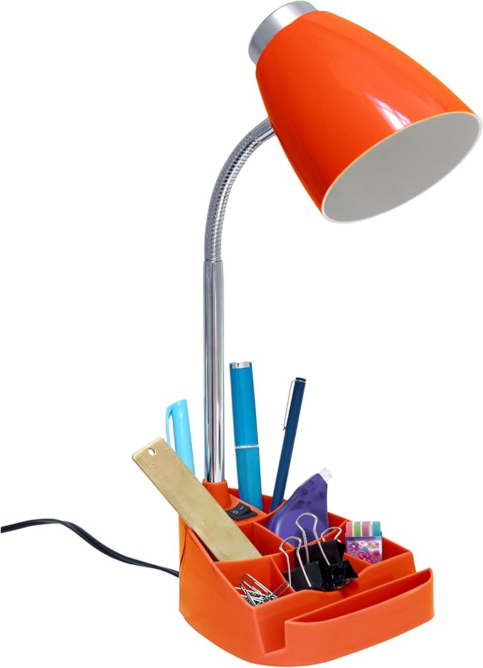 Simple Designs LD1067-ORG Compartmental Desk Lamp with iPhone/iPad/Tablet Stand, Bendable Gooseneck, for Office, Living Room, Nightstand, Library, Entryway, Orange - LeafyLoom