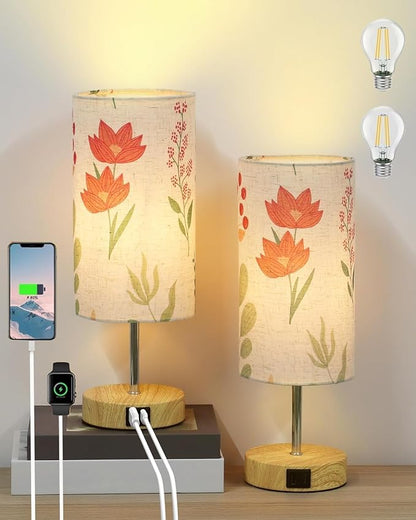 Touch Control Desk Lamp with 2 USB Ports, 3-Way Dimmable Bedside Lamp for Bedroom, Nightstand Lamp with Round Flower Fabric Shade for Living Room, Home Office (White-double) - LeafyLoom