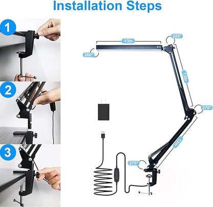 LED Desk Lamp for Home,Office,Reading,Adjustable Eye-Caring Desk Light with Clamp,Swing Arm Lamp Includes 3 Color Modes,10 Brightness Levels Table Lamps with Memory Function - LeafyLoom