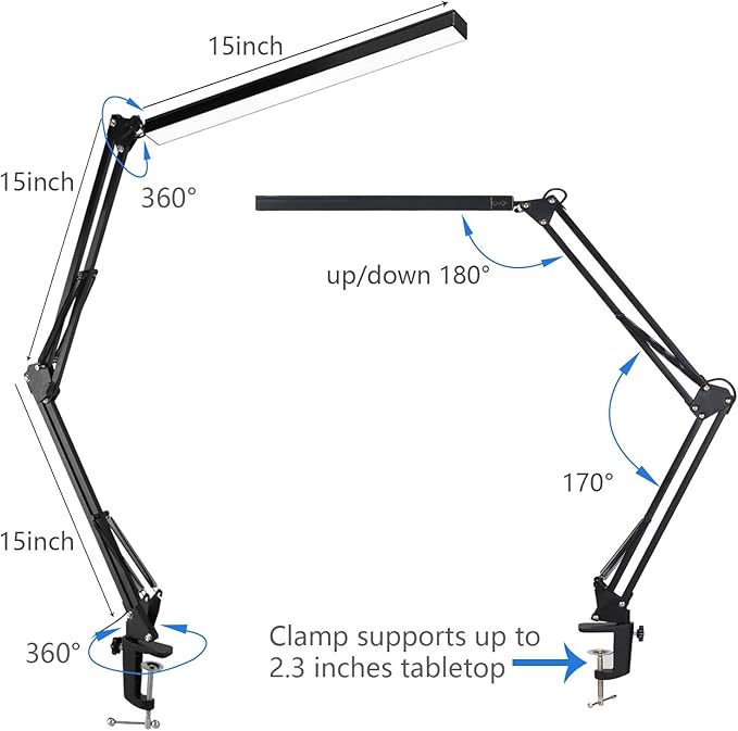 LED Architect Desk Lamp, Metal Swing Arm Dimmable Task Lamp, Eye Care Table Lamp with Clamp (3 Color Modes, 10-Level Dimmer, Memory Function) Highly Adjustable Office, Craft, Workbench Light - LeafyLoom