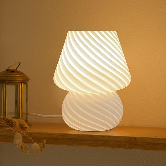 Mushroom Lamp-Small Bedside Table Lamp with Striped Glass, Nightstand Lamp for Bedroom, Living Room, 3000K E26 Bulb Included(White) - LeafyLoom