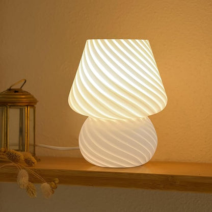 Mushroom Lamp-Small Bedside Table Lamp with Striped Glass, Nightstand Lamp for Bedroom, Living Room, 3000K E26 Bulb Included(White) - LeafyLoom