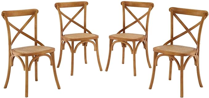 Modway Gear Rustic Modern Farmhouse Elm Wood Rattan Four Dining Chairs in Walnut - LeafyLoom