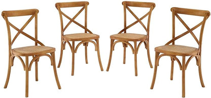 Modway Gear Rustic Modern Farmhouse Elm Wood Rattan Four Dining Chairs in Walnut - LeafyLoom