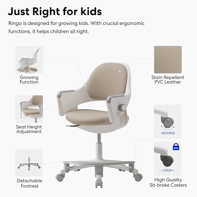 SIDIZ ringo Kids Desk Chair : Ergonomic Kids Chair with Footrest, 4-Step Growing Function, Adjustable Seat Height, Sit-Locking Casters, Swivel Type Kids Chair (Soy Milk Beige Chair) - LeafyLoom