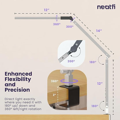 Neatfi LED Desk Lamp with Clamp, Touch & Remote Controlled, Stepless Dimming, 3 Color Modes, 3000-6000K, Detachable Shade, Flicker-Free, 360° Rotation, Wide Angle Lighting (Modern, Silver) - LeafyLoom