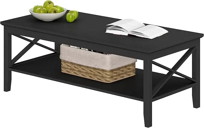 ChooChoo Oxford Coffee Table with Thicker Legs, Black Wood Coffee Table with Storage for Living Room, 47 inch - LeafyLoom