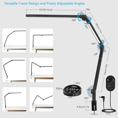 Desk Lamp, LED Desk Lamp with Clamp for Home Office, High Brightness Dimmable Desk Light, Adjustable Color Temperature Swing Arm Architect Lamp with Memory & Timing,Touch control Clamp Lamp - LeafyLoom