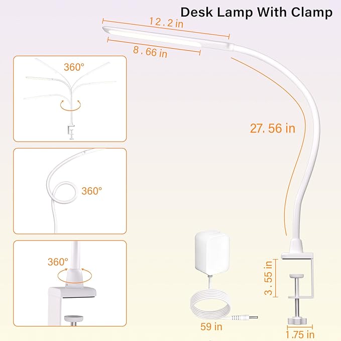 LED Desk Lamp With Clamp, 10W Gooseneck Lamps Touch Control,Swing Arm Clamp Lamp, Architect Clamp Desk Lamp Dimmable,Nail Lamp for Desk Table (White) - LeafyLoom