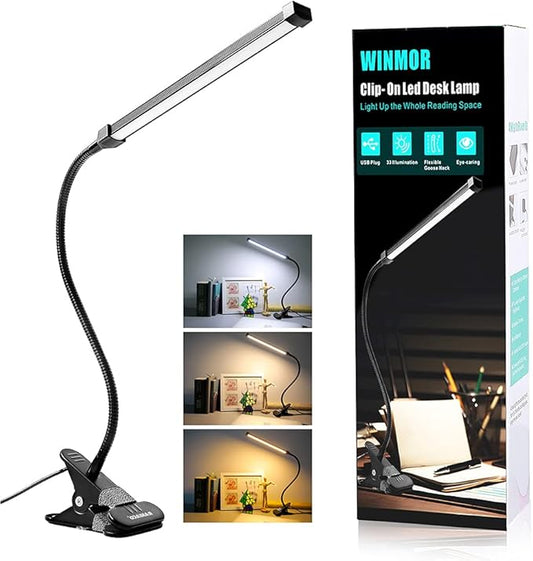 Morw Winmor Led Clip On Desk Lamp,3 Color 11 Brightness,64 LED 10W Book Reading Light,USB Plug,Stepless Dimmer Auto Off,Clamp Desk Lights for Bedside Computer Home Office - LeafyLoom