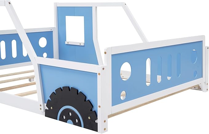 Full Size Classic Race Car Bed Platform Bed with Car Head,Wheels and Tail,Wood Bed Frame W/Slatted Rail Supports,Doors & Windows,for Kids Boys Girls Teens,Blue - LeafyLoom