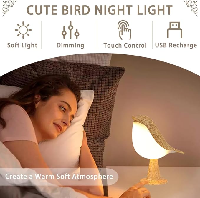 Bird Small Desk Lamp, Night Light for Bedroom, Cordless Table Lamp with 3 Color Temperature and Touch Sensor, Rechargeable Bedside lamp - LeafyLoom