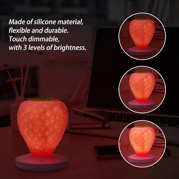 Strawberry Night Light, Cute Silicone Strawberry Lamp, LED Cute Night Light, Bedside Color Changing Lamp, 3 Modes Touch for Birthday, Christmas - LeafyLoom