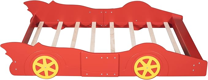 Car Shaped Toddler Bed with Wheels,Racecar Platform Beds W/Safety Guardrail,Slats Support,Stylish Design,Easy Assembly,Wood Full Bedframe for Boys Toddlers Kids Teens Bedroom,Red - LeafyLoom