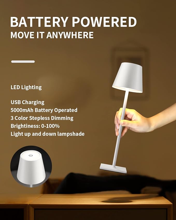 KDG 2 Pack Cordless Table Lamp, Portable LED Desk Lamp, 5000mAh Battery Operated, 3 Color Stepless Dimming Up, for Restaurant/Bedroom/Bars/Outdoor Party/Camping/Coffee Shop Night Light(White) - LeafyLoom