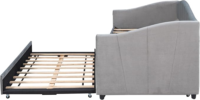 Twin Size Upholstered Daybed with Trundle, Wood Slat Support Sofa Bed with Armrest, No Box Spring Needed, Easy to Assemble, for Studio, Bedroom, Living, Guest Room, Gray - LeafyLoom