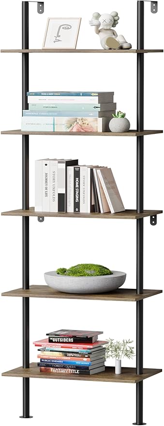 5 Tier Ladder Shelf Bookcase, Extra Sturdy Modern Bookshelf Wall Mounted, Tall Black Open Book Shelf, Standing Industrial Metal Frame with Wooden Shelves, 67“ (H) × 17(W) - LeafyLoom