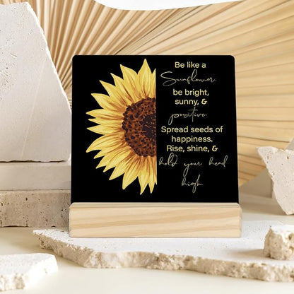 MUBIAO Sunflower Wooden Plaque Sign Desk Decor, Motivational Sunflower Quote Wood Stand Signs Desk Decor, Rustic Decor for Home Office Shelf Desk 4 x 4 Inches - LeafyLoom