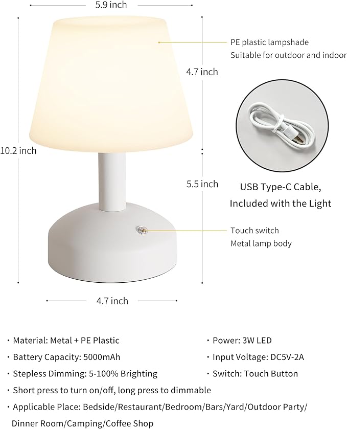 KDG Modern Cordless Small Table Lamps, Portable LED Dimmable Desk Lamp, Rechargeable Battery Operated Lighting for Restaurant/Nightstand/Bedroom/Bedside/Bar/Outdoor/Camping/Night Light(White) - LeafyLoom