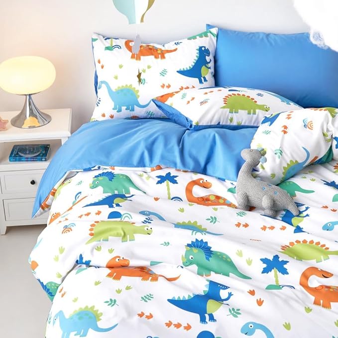 Wake In Cloud - Dinosaur Bedding Set for Boys, Cute Colorful Dinosaur Comforter Set with Sheets, 5 Pieces Kids Bed in a Bag, White Blue, Twin Size - LeafyLoom