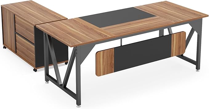 70.8" Executive Desk with 35.4" File Cabinet, L-Shaped Computer Desk, Wood Office Desk for Home Office - LeafyLoom