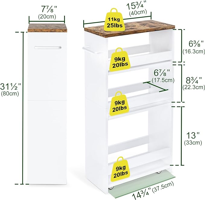 TEAMIX 4 Tier White Slim Storage Cart with Handle, 7.9''W Slide Out Storage Rolling Utility Cart Mobile Shelving Unit Organizer Trolley for Small Spaces Kitchen Laundry Narrow Places - LeafyLoom