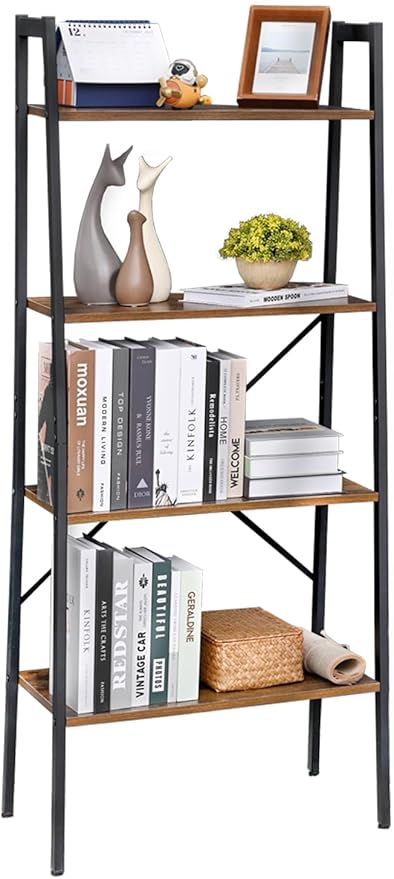 Ladder Shelf 4-Tier Bookcase Storage Rack, Steel Frame, Display Plant Shelves, Industrial Organizer Shelves for Living Room Kitchen Bathroom Office, Rustic Brown and Black - LeafyLoom