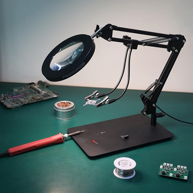 Magnifying Glass with Light and Stand, 3-in-1 Gooseneck Arms 3 Color Modes Stepless Dimmable, 10x&5X LED Desktop Magnifier with light Hands Free for Workbench Reading Crafts Painting Hobby Close Work - LeafyLoom